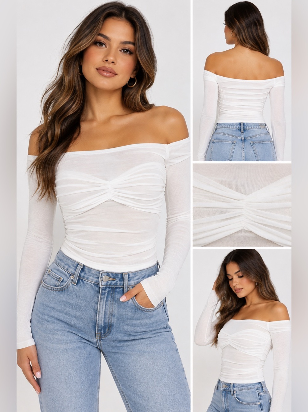 Forever 21 White Off-the-Shoulder Long Sleeve Ruched Front Sweater